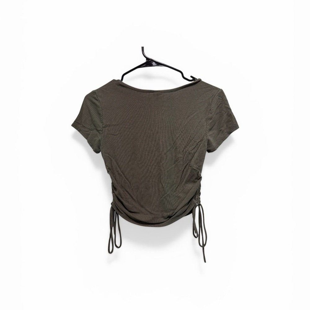Wild Fable Green Short Sleeve Cropped Top Ribbed Ruched Tassels Medium - Picture 3 of 5
